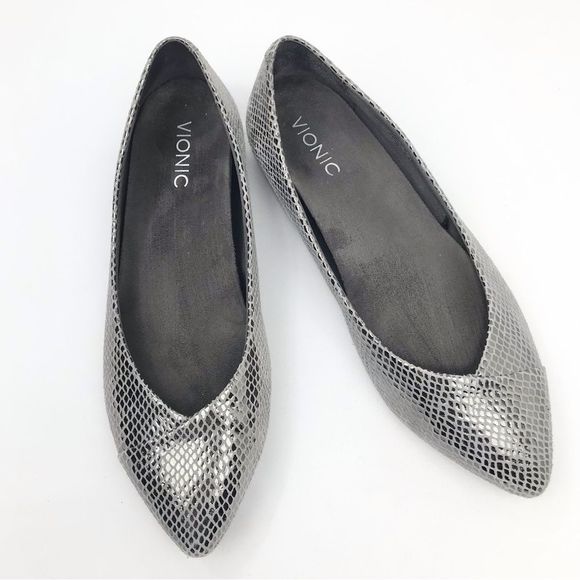 VIONIC Caballo Silver Faux Snake Orthotic Arch Support Pointed Toe Flats - Picture 6 of 9
